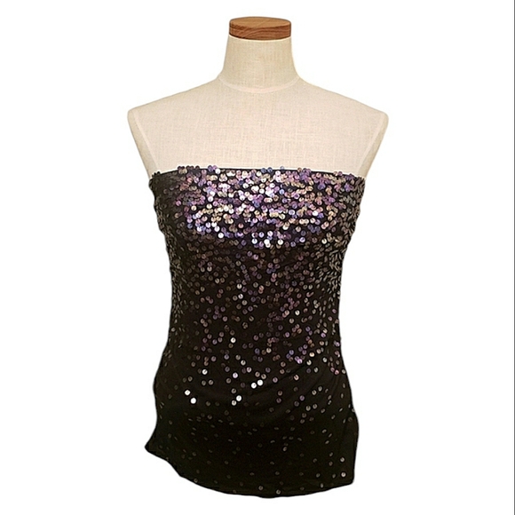 Express Iridescent Metallic Sequins High-Low Strapless Tube Top w/Built-In Bra M - Picture 16 of 16